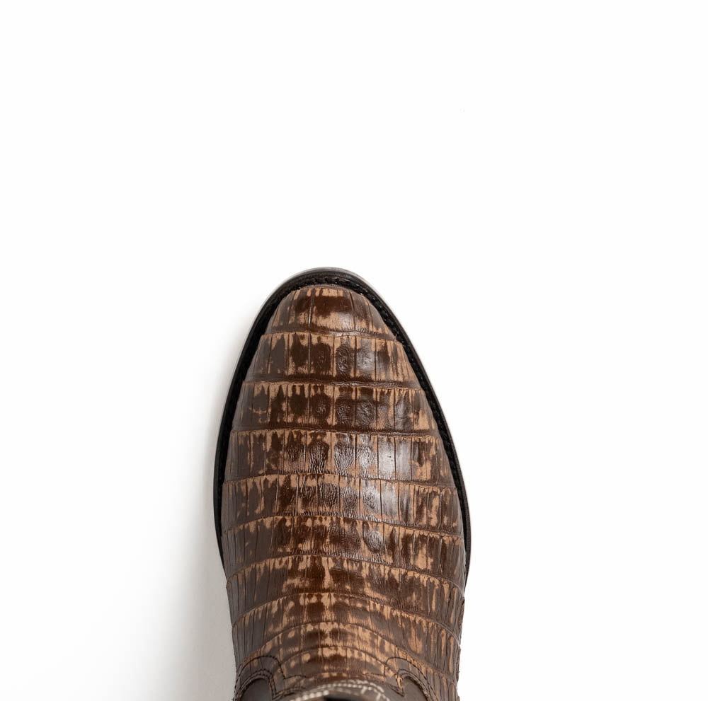 Phoenix Stone Brown cowboy boot toe in genuine caiman belly skin, part of the Western Collection, pre-order available.