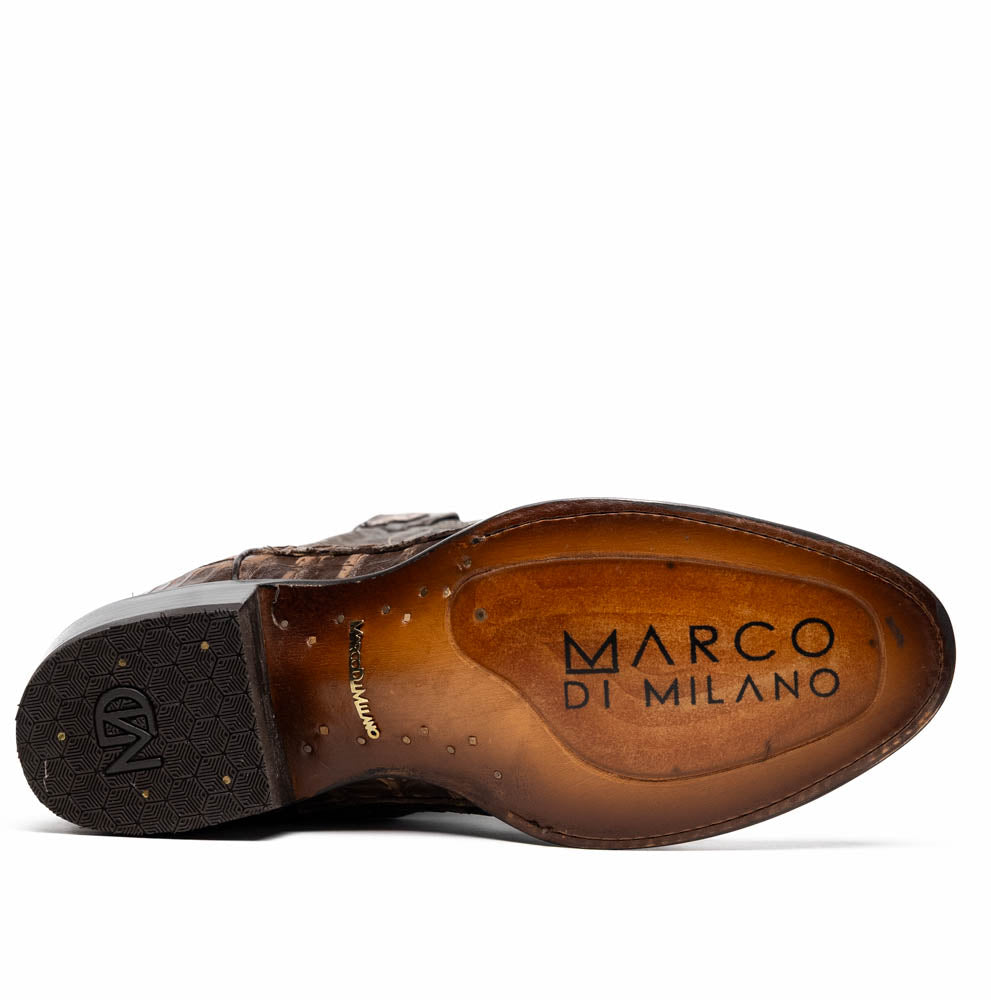 Sole of Phoenix Stone Brown cowboy boot showing Marco di Milano branding