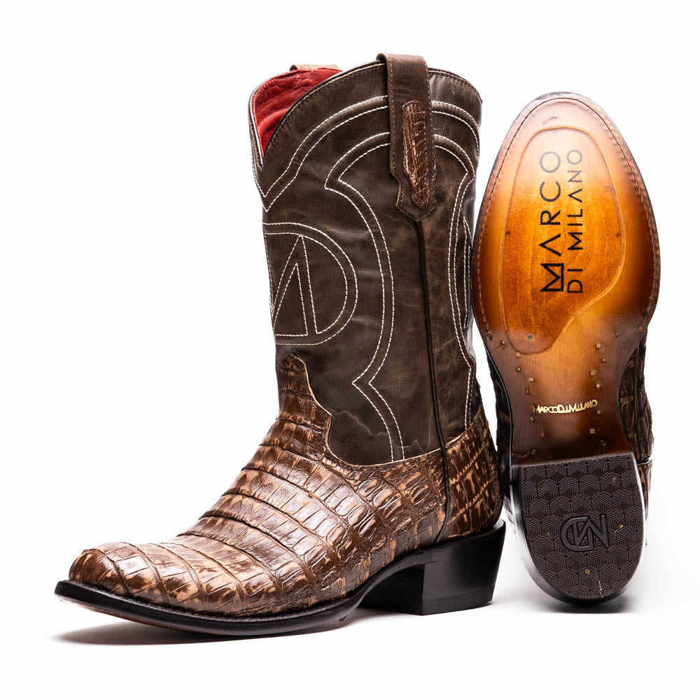 Phoenix Stone Brown cowboy boots with genuine caiman belly skin from Marco di Milano.