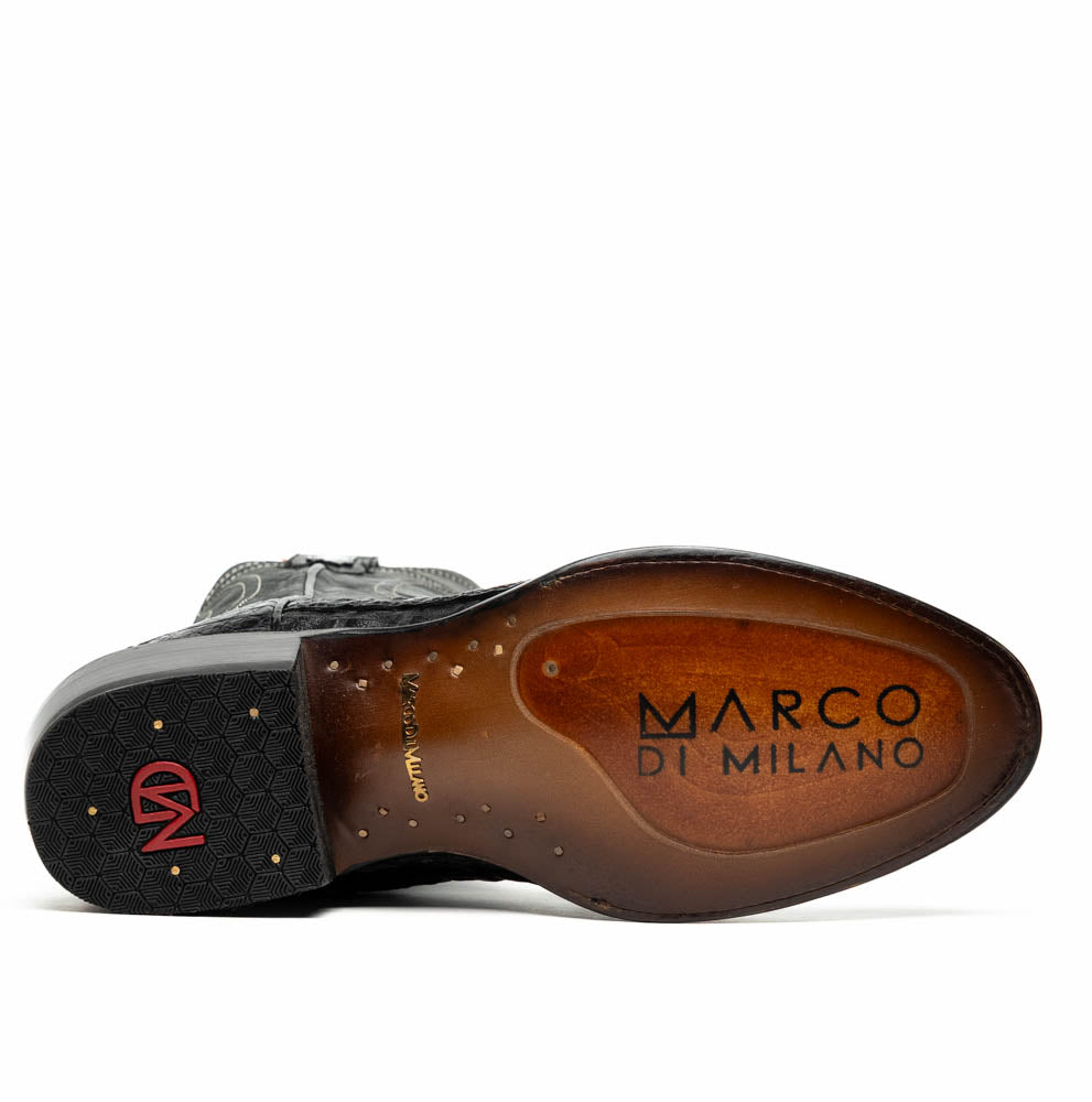 Sole view of Phoenix Black cowboy boot showing brand logo by Marco di Milano