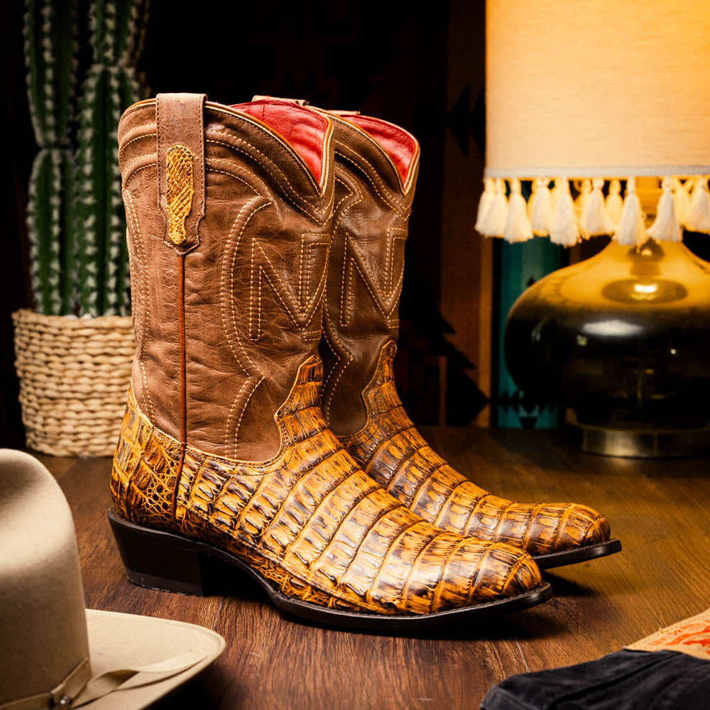 Phoenix Mustard Brown cowboy boot with genuine caiman belly skin and full-grain leather in a Western style.