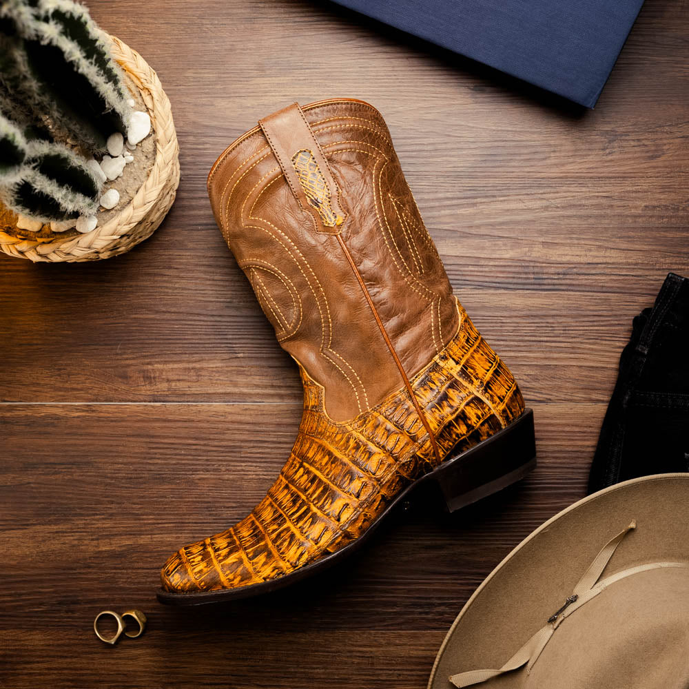Phoenix Mustard Brown Cowboy Boot – Genuine Caiman Belly Skin, Western Style