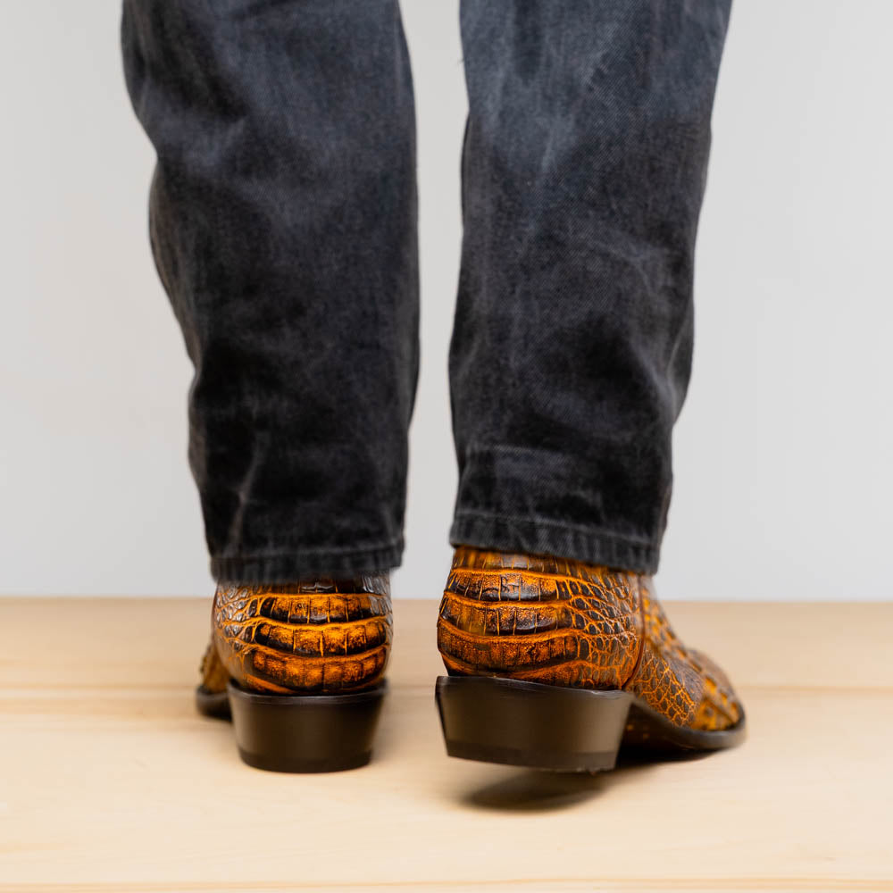 Rear view of Phoenix Mustard Brown Caiman Belly Skin Cowboy Boots in Western Collection.