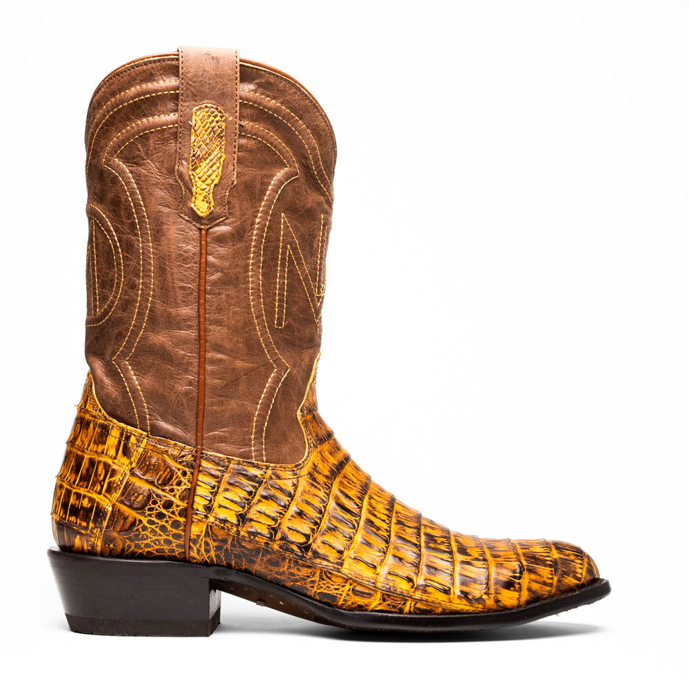 Phoenix Mustard Brown caiman belly skin cowboy boot with full-grain leather shaft, round toe, and subtle belly-scale pattern.