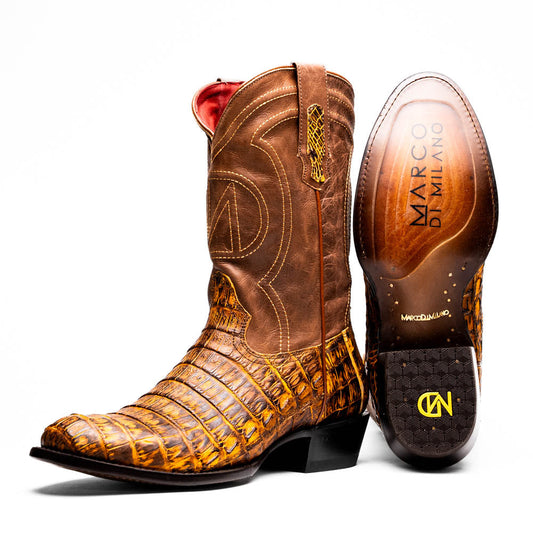 Phoenix Mustard Brown genuine caiman belly skin cowboy boots with full-grain leather, showcasing Western style and subtle belly-scale pattern.