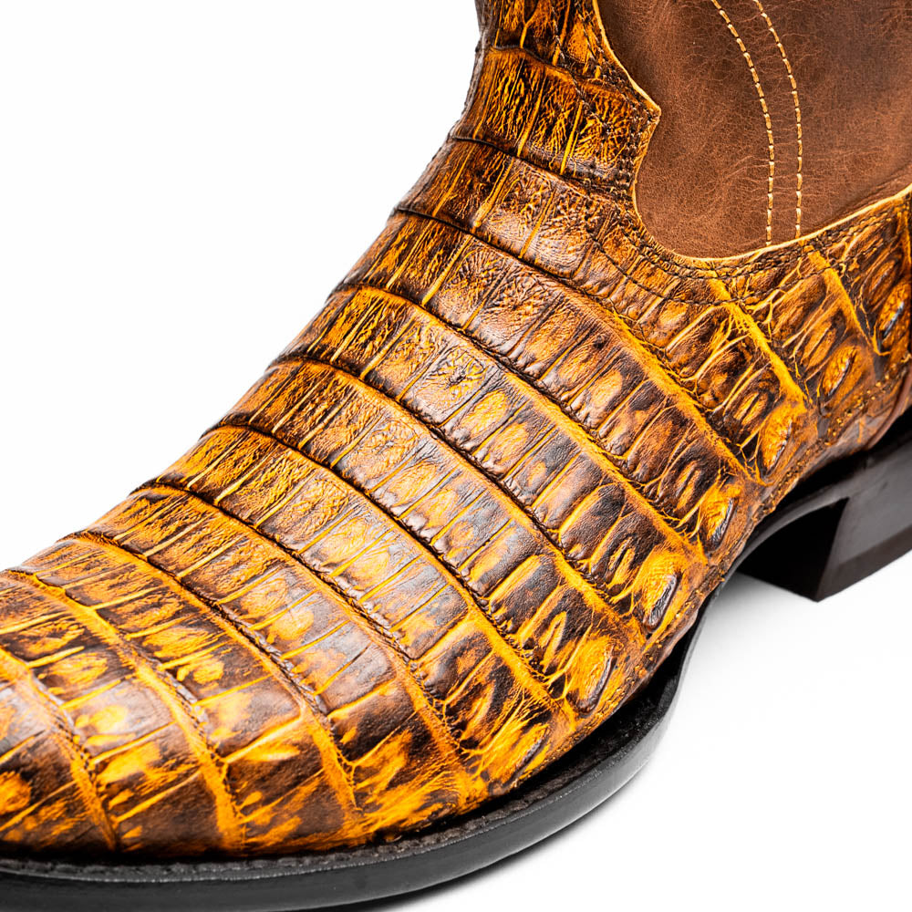 Phoenix Mustard Brown Caiman Belly Cowboy Boot with round toe and full-grain leather, Western Collection style.
