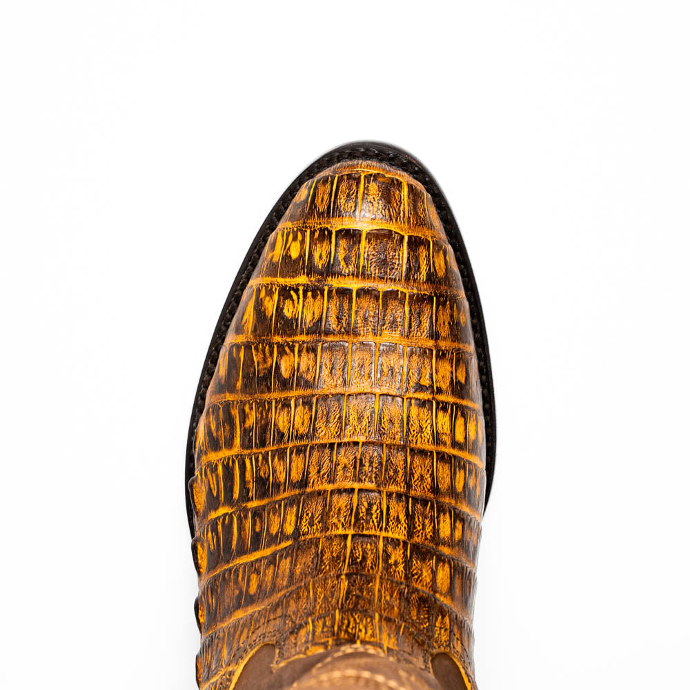 Phoenix Mustard Brown cowboy boot with genuine caiman belly skin and full-grain leather from the Western Collection.