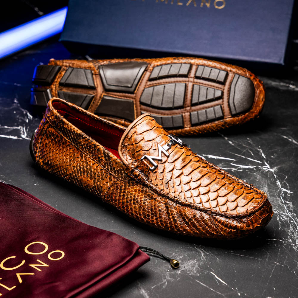 Pia Cognac python original skin driver shoe showcasing luxury texture and design for modern gentlemen's wardrobe.