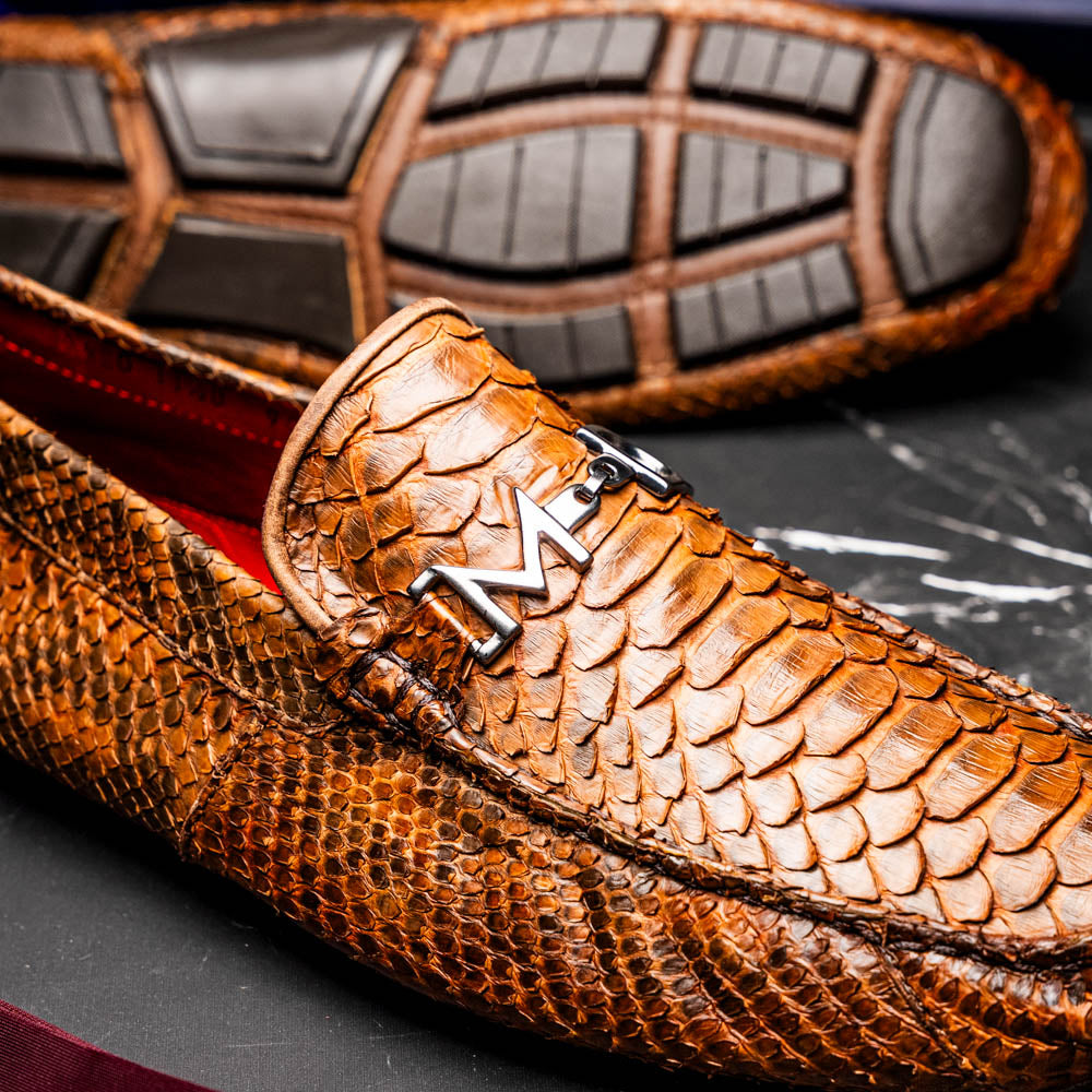 Pia Cognac python skin driver shoe showcasing exotic texture and luxury design for modern gentlemen.