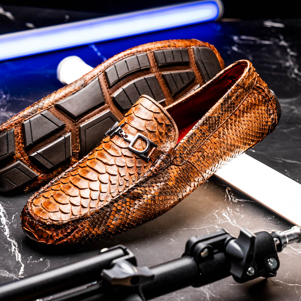 Pia Cognac python skin driver shoe showcasing luxury, handcrafted elegance, and unique texture for modern gentlemen's wardrobe.