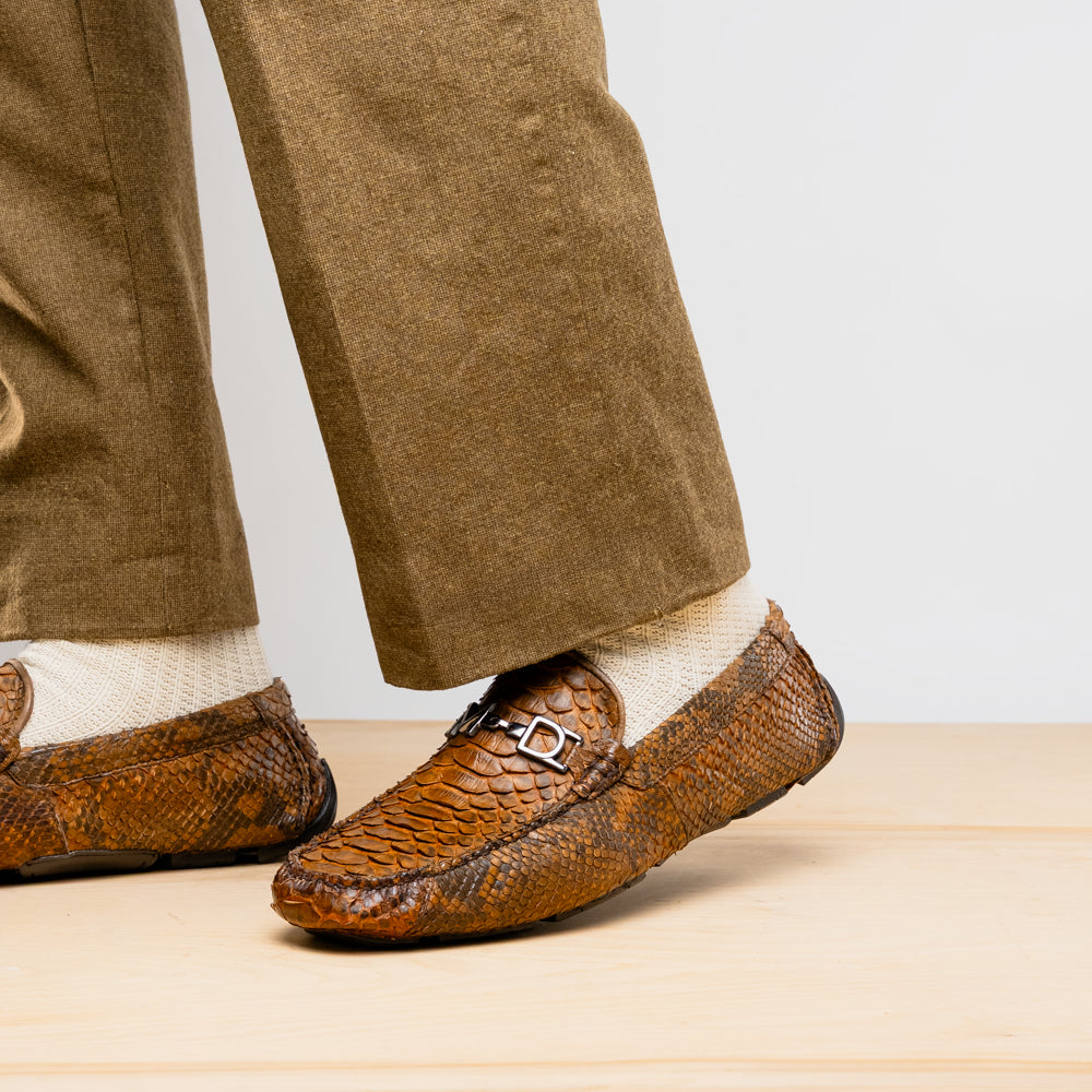 Pia Cognac Python Original Skin Driver Shoe for men, showcasing unique exotic texture and luxury craftsmanship.