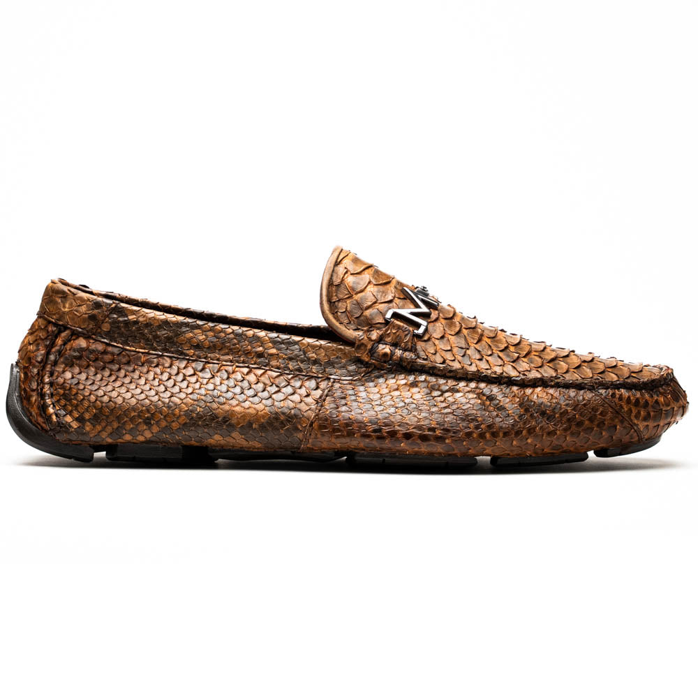 Pia Cognac driver shoe made from genuine python skin with unique texture, offering casual luxury and elegance for modern gentlemen.