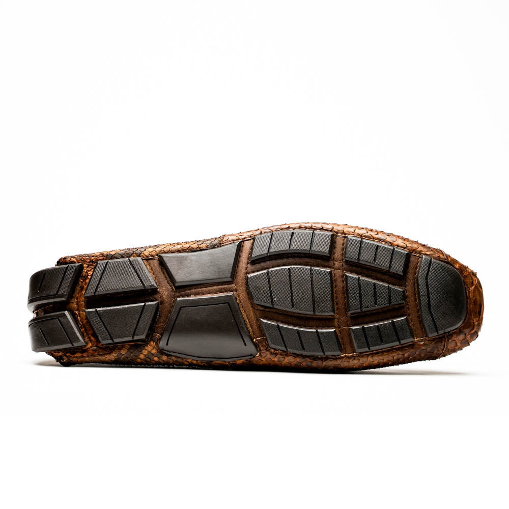 Sole view of Pia Cognac Python Original Skin Driver Shoe showing craftsmanship and texture
