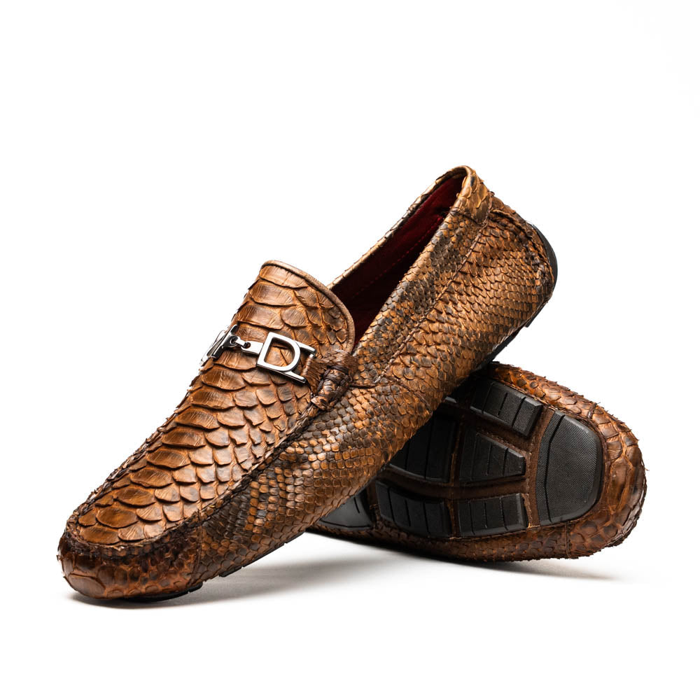 Genuine python skin Pia Cognac driver shoes with unique texture and elegant design, perfect for a modern gentleman's luxury wardrobe.