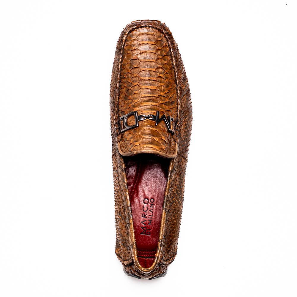 Pia Cognac python original skin driver shoe with exotic texture, handcrafted for casual luxury and timeless elegance.