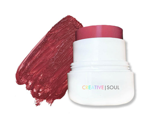 Psycho Plum cream blush stick in deep plum mauve, vegan and cruelty-free makeup with satin-matte finish for all skin types