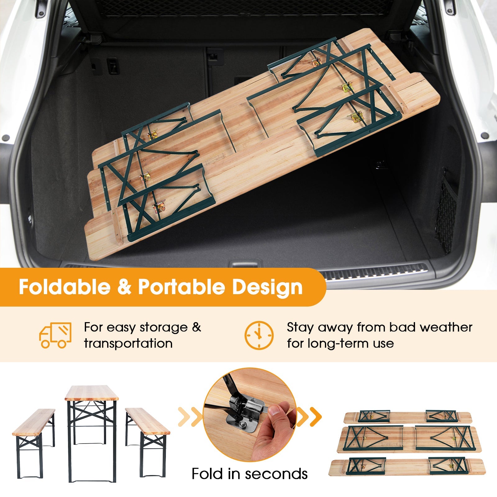 3 Pieces Folding Wooden Picnic Table Bench Set shown folded for easy storage in vehicle trunk