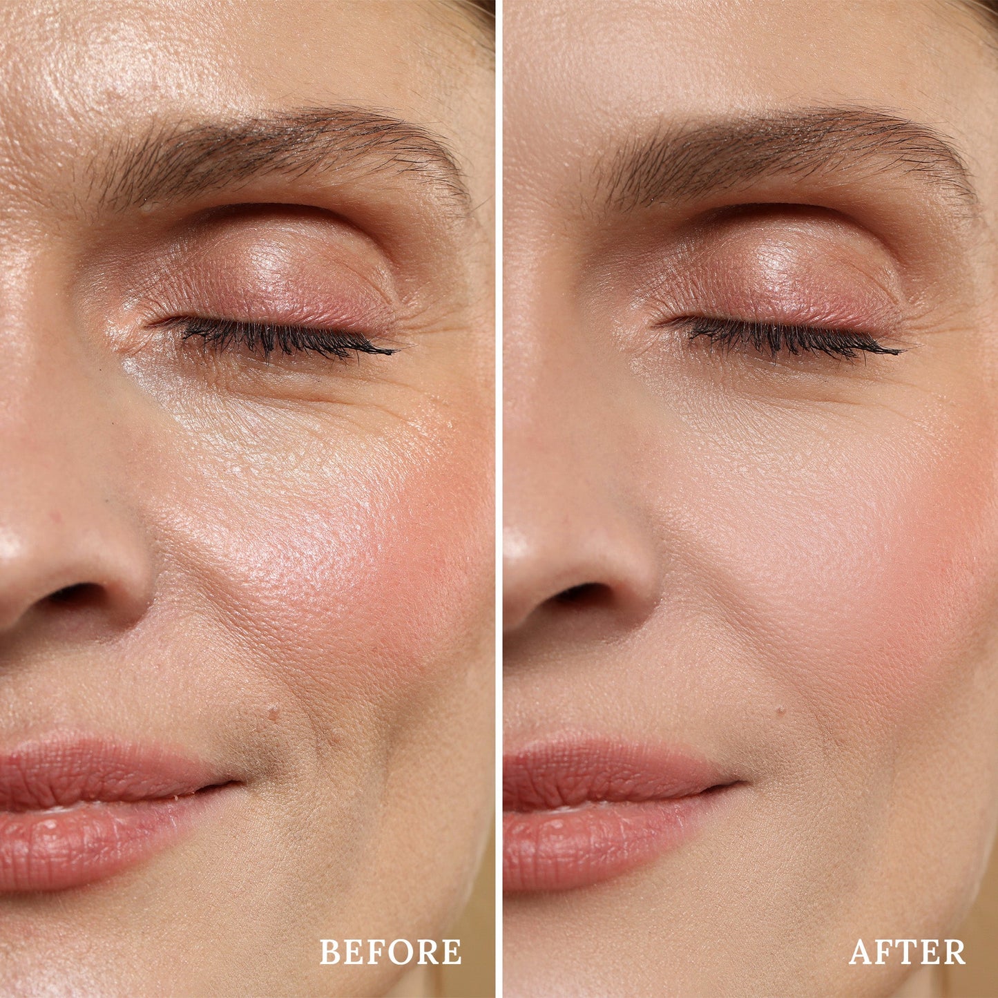 Before and after using Velvet Mineral Powderset showing blurred pores and mattified skin for a flawless finish.