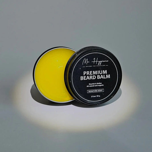 Premium Beard Balm in signature scent open tin, showing rich nourishing balm for styling and deep care.