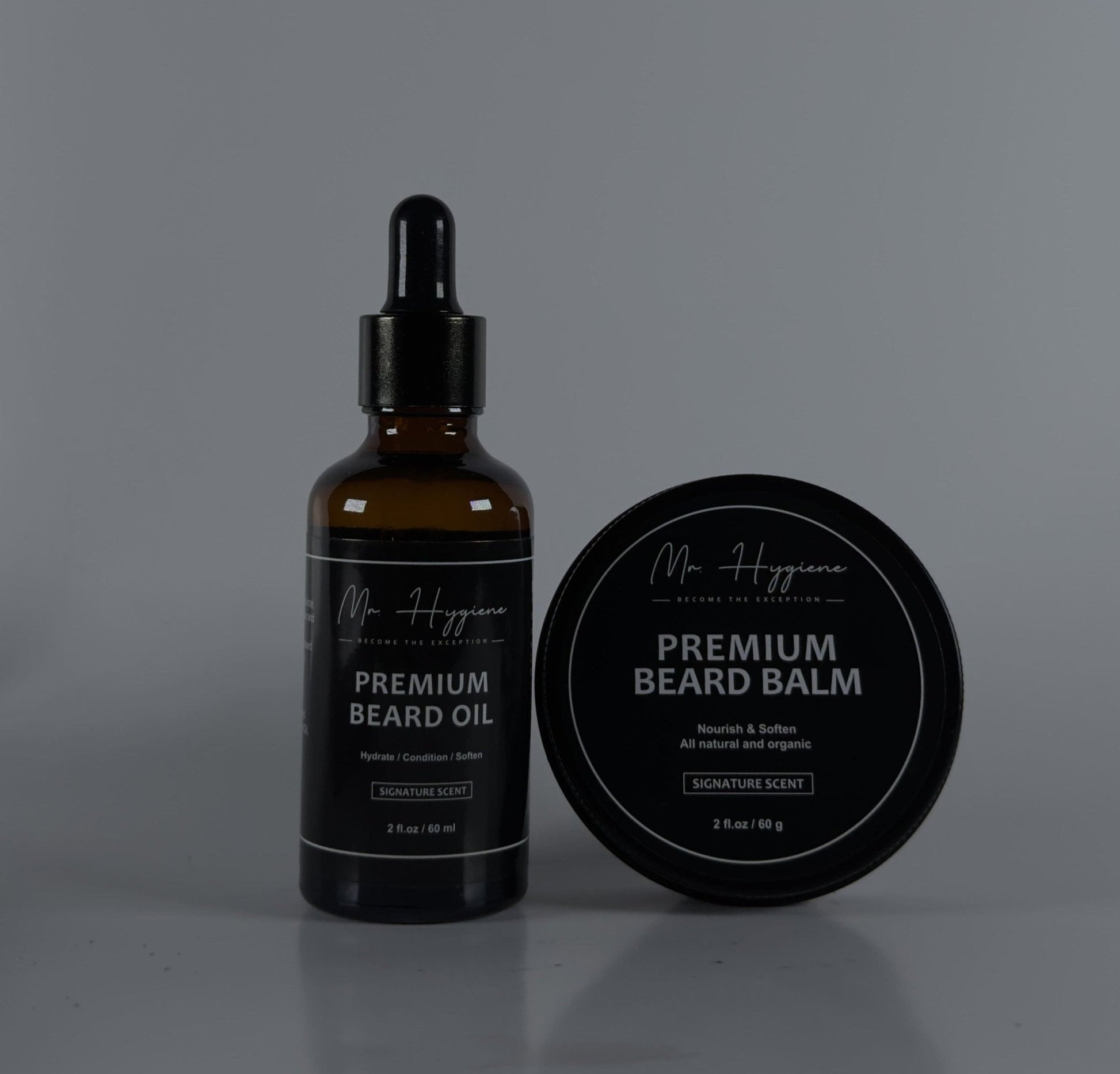 Mr. Hygiene's Premium Beard Oil and Balm Set for ultimate beard care, featuring high-quality, natural ingredients for nourishment and style.