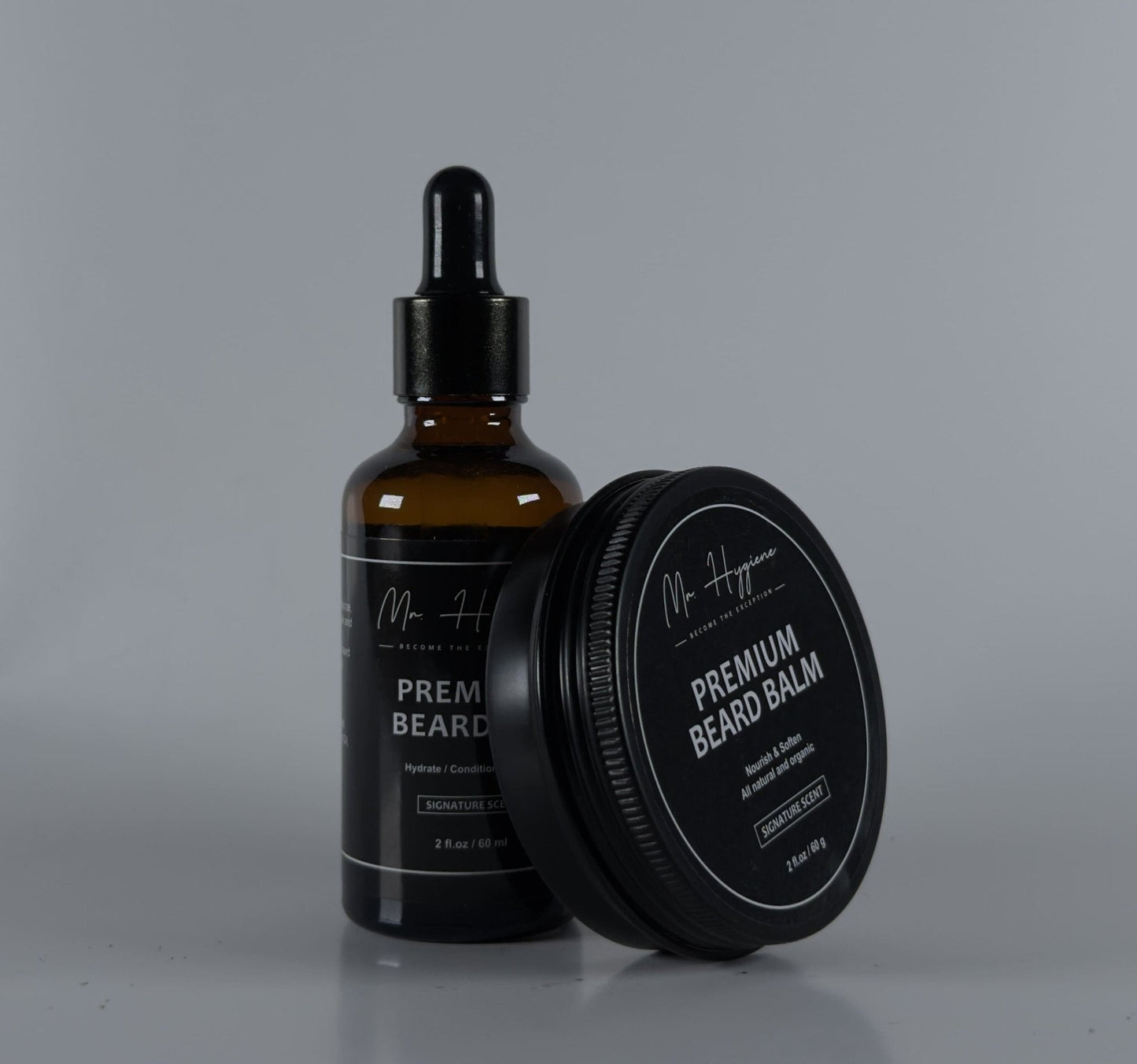 Premium Beard Oil and Balm Set by Mr. Hygiene, nourishing all-natural grooming products for beard care.
