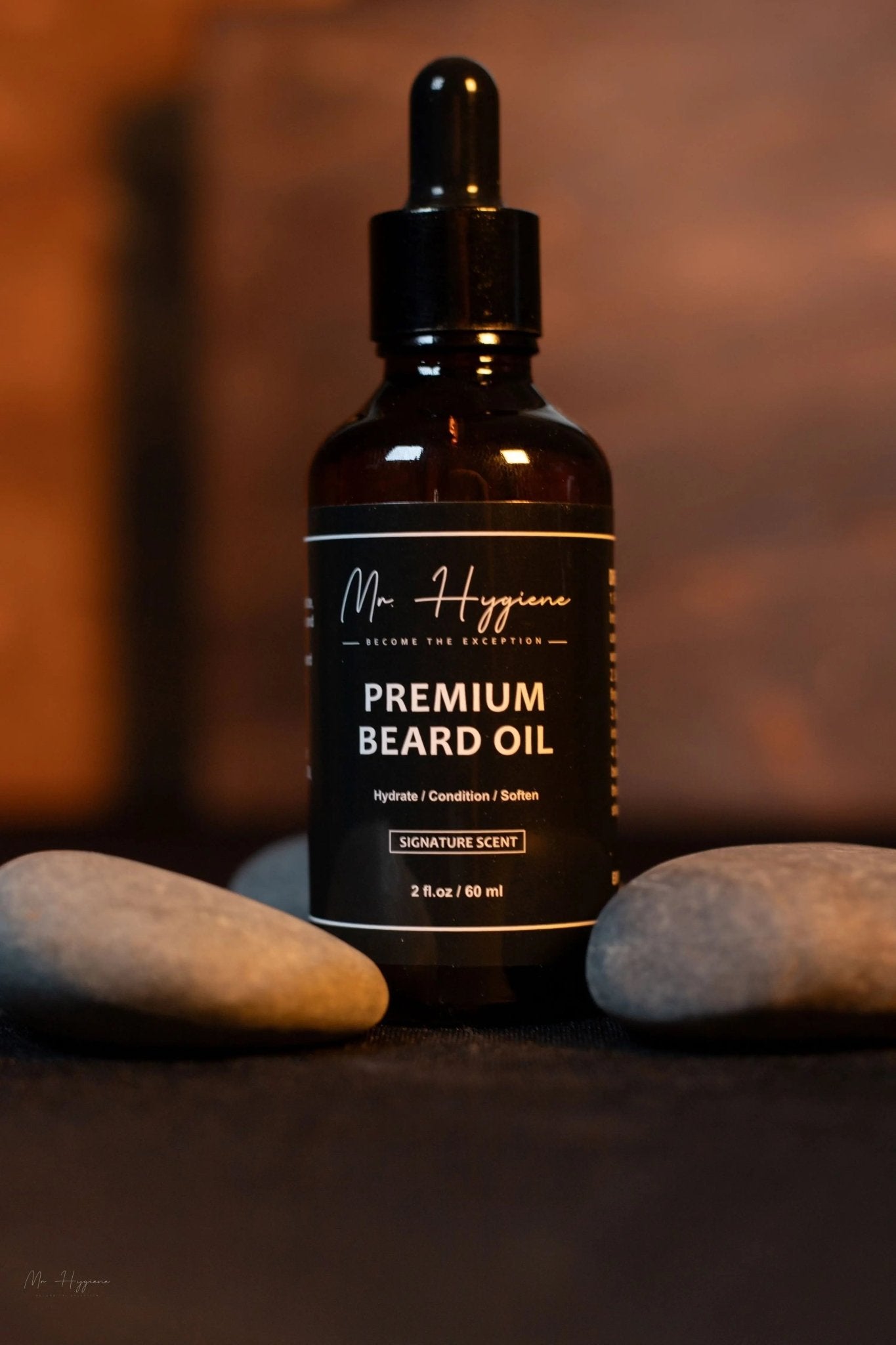 Mr. Hygiene's Premium Beard Oil bottle for beard care and nourishment, part of Premium Beard Oil and Balm Set with natural ingredients.