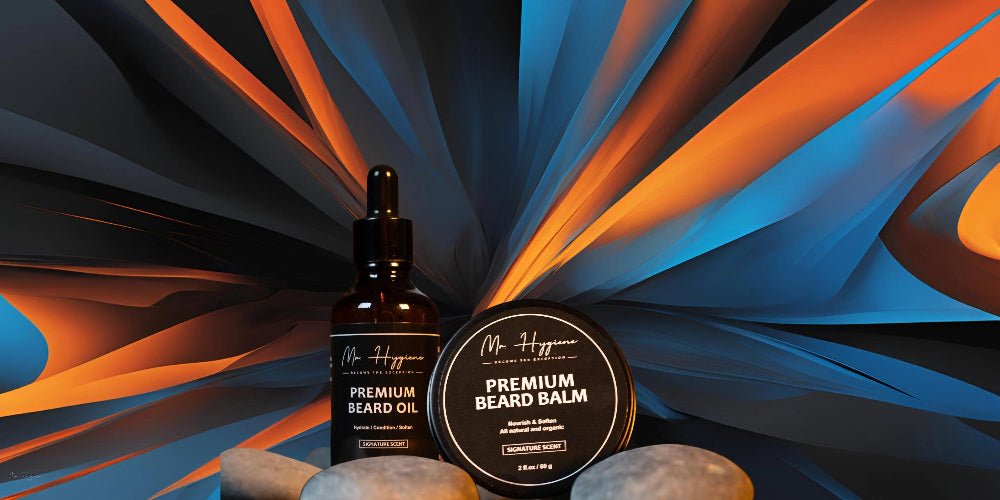 Premium Beard Oil and Balm Set by Mr. Hygiene against a colorful abstract background.