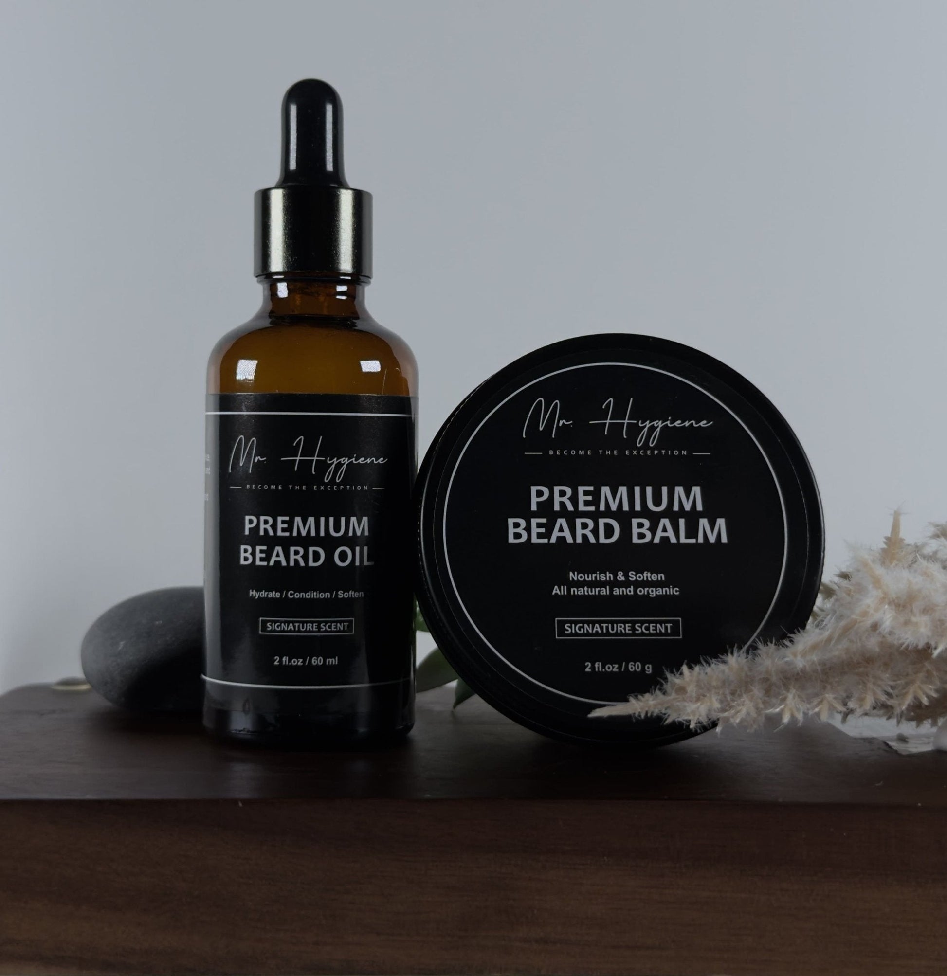 Mr. Hygiene's Premium Beard Oil and Balm Set for ultimate beard care with natural ingredients, nourishing and stylish grooming duo.