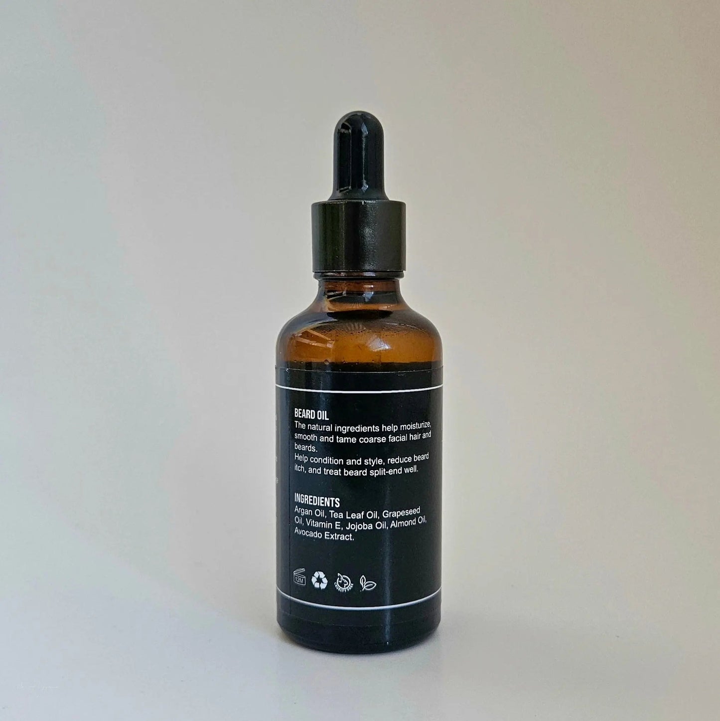 Premium Beard Oil bottle with nourishing ingredients for grooming and hydration.