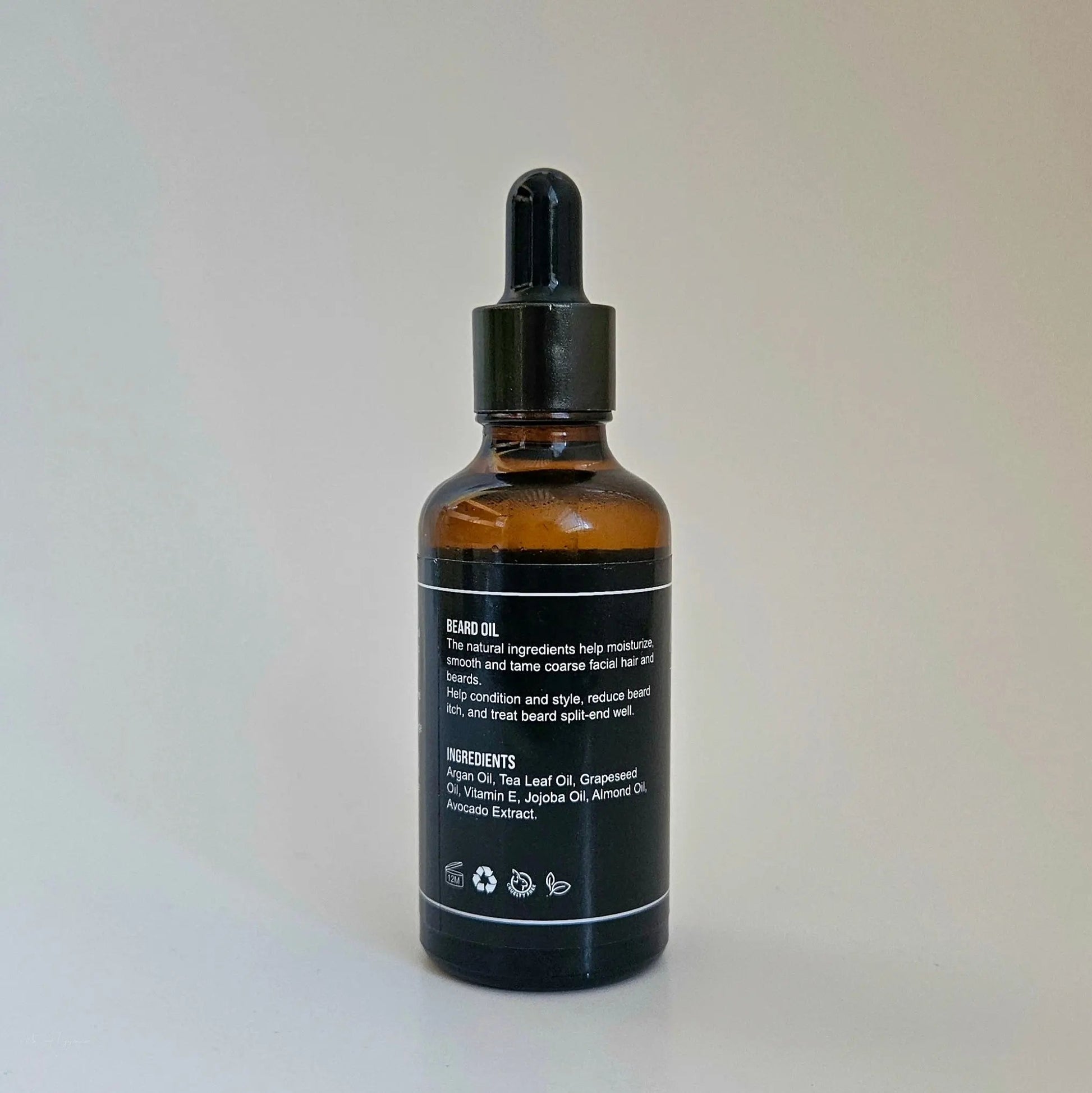 Premium Beard Oil bottle with nourishing ingredients for grooming and hydration.