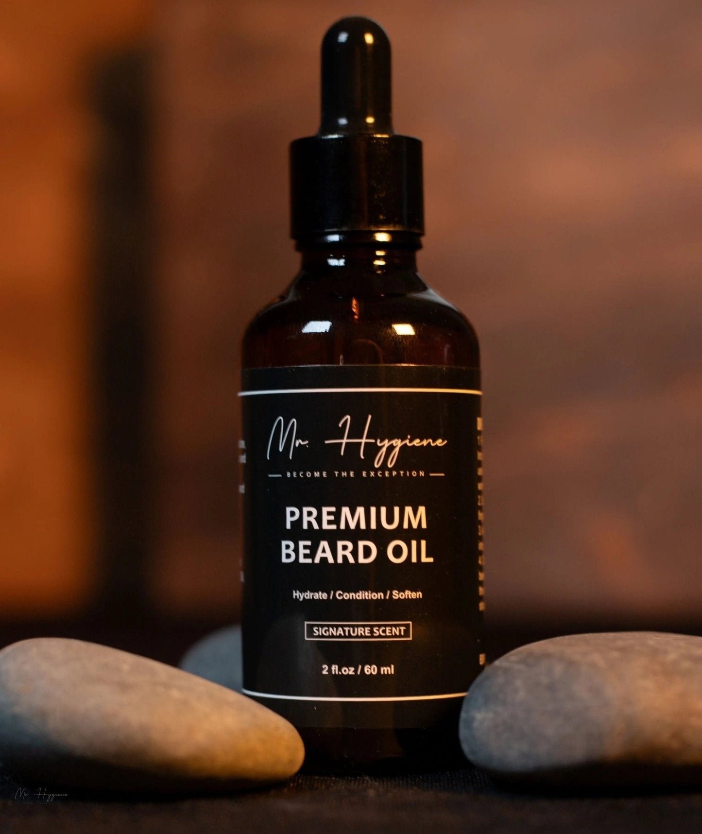 Bottle of Premium Beard Oil on a rustic background, offering deep nourishment and hydration for a well-groomed beard.