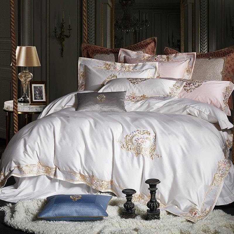 Louis Duvet Cover Set (Egyptian Cotton 1000TC) in elegant bedroom with decorative pillows and intricate stitching.