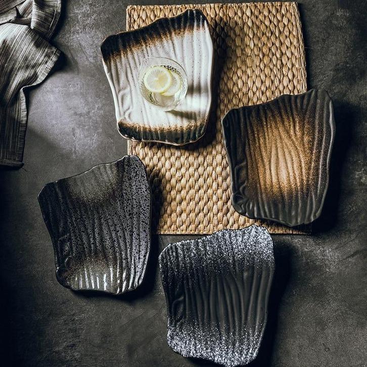 Suizei Plate - 10 inch ceramic leaf-shaped plate with Japanese style spray glaze pattern. Perfect for elegant dining settings.