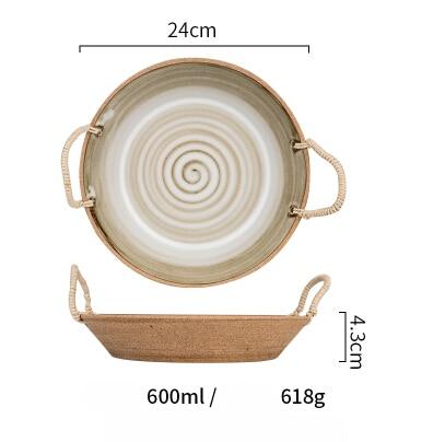 Hand-made Japanese Style Plates And Bowls, round ceramic plate with rope handles, 24cm diameter, ideal for seafood and desserts.