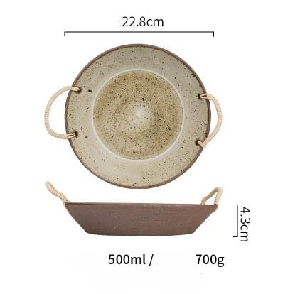 Hand-made Japanese Style Plates And Bowls, ceramic with rope handles, round shape, 22.8cm diameter, capacity 500ml, weight 700g.