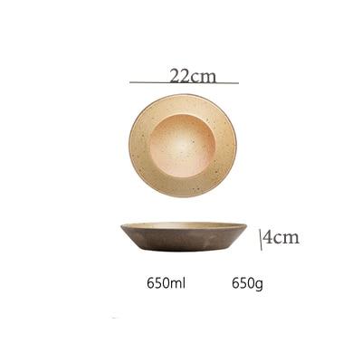 Dimensions and weight of Hand-made Japanese Style Plates And Bowls. Ceramic plate, 22cm diameter, 4cm height, 650ml capacity, 650g weight.