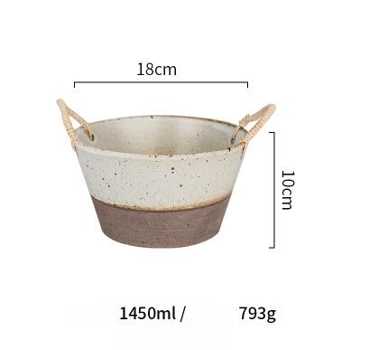 Hand-made Japanese Style Plates And Bowls: Ceramic bowl with rope handles, 18cm diameter, 10cm height, ideal for salads and desserts.