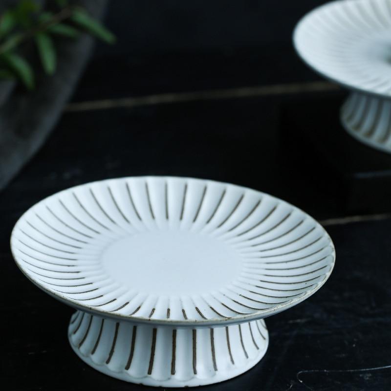 Retro Ceramic Cake Stand with solid white pattern and rounded shape on a dark surface