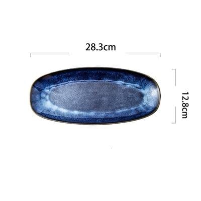 Eye Of Ocean Japanese Glazed Blue Long Plate, ideal ceramic dish for sushi and seafood, 28.3cm by 12.8cm dimensions