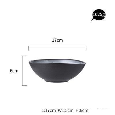 Dimensions of Lena Nordic Style Steak Plate And Coffee Set ceramic bowl, 17cm diameter, 6cm height, weighing 1025g, in solid black.