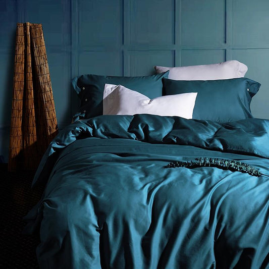 Luxurious bedroom with Venetia Duvet Cover Set 500TC Egyptian Cotton in elegant teal color enhancing modern decor.