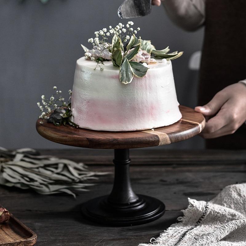 Tall European Wooden Cake Tray showcasing a round solid wood design and elegant cake presentation, perfect for stylish gatherings.