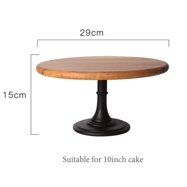 Tall European Wooden Cake Tray with round shape, solid wood pattern, suitable for 10-inch cakes. Dimensions: 29cm diameter, 15cm height.