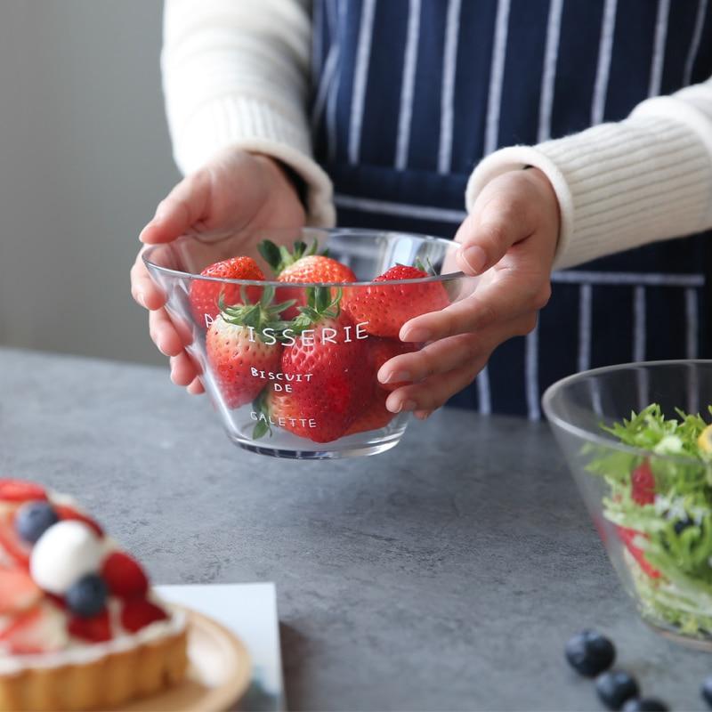 French Letter Glass Bowl with strawberries, glass dinnerware under 1L capacity, solid pattern, frost technique bowl displayed.