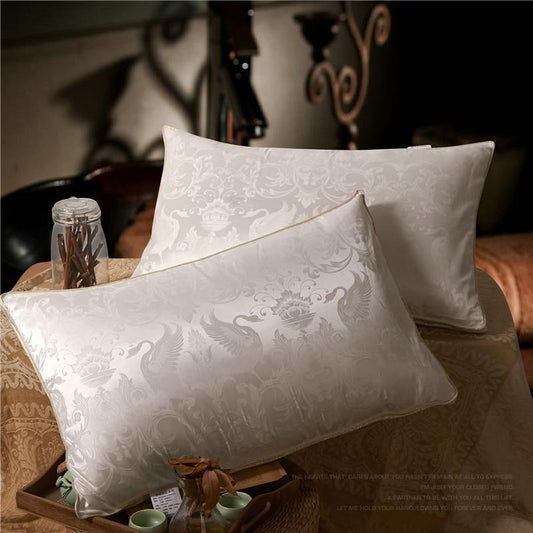 Fabrizio Goose Down Pillow 100% Breathable set of 2 on a decorative bed, featuring elegant design and luxury Egyptian cotton fabric.