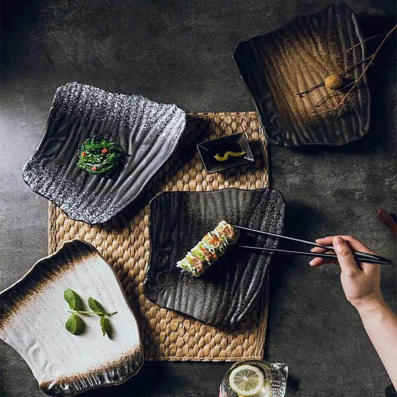 Japanese Suizei Plate with ceramic leaf shape, featuring intricate spray glaze pattern, showcasing high-temperature firing design. 10 inch size.