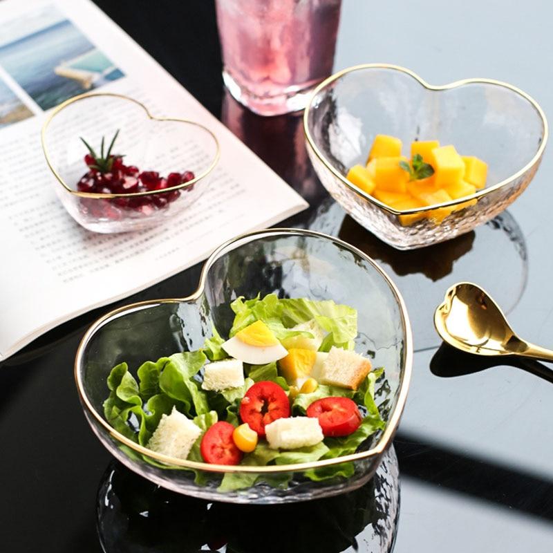 Heart-Shaped Bowl & Cup with salad and fruit on glossy table