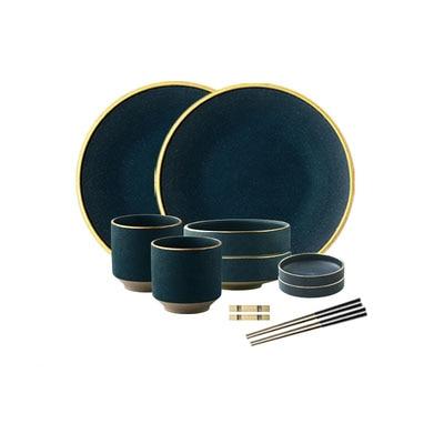 Galileo Tableware set with handcrafted porcelain plates in matte green and golden rings, ideal for elegant dining, dishwasher safe