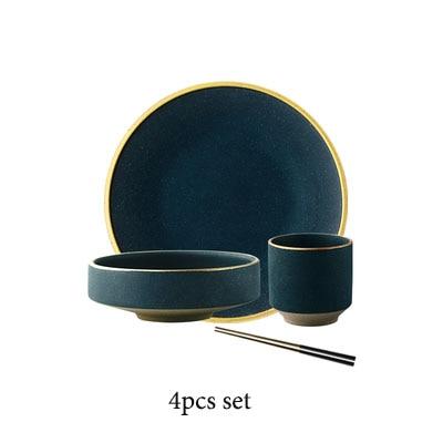 Galileo Tableware 4-piece set with matte green plates and golden rings, handcrafted porcelain, dishwasher and freezer safe.