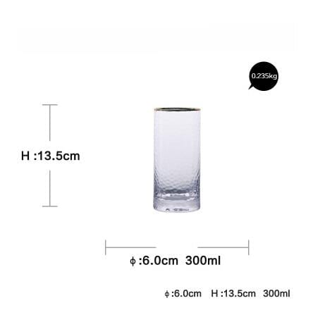 Golden Rim Clear Whiskey & Water Glass, 300ml capacity, 13.5cm height, eco-friendly and durable design, perfect for daily use.
